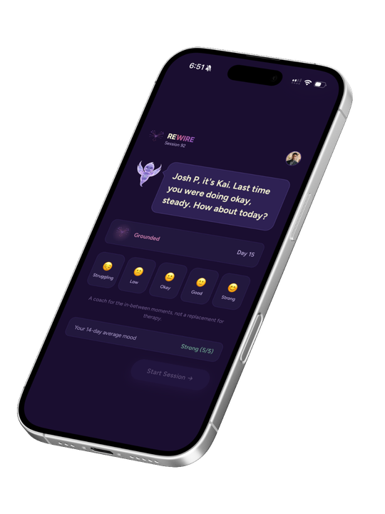 The Rewire app open on a phone at 6:51, Kai greeting the user